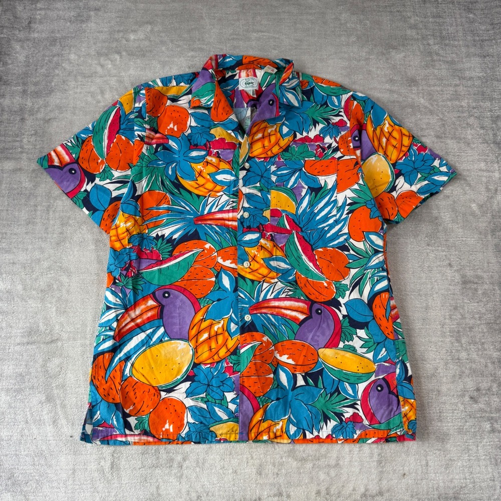 Vintage IZOD Lacoste Shirt Mens Medium Blue 80s Tropical Hawaiian Toucan Fruit